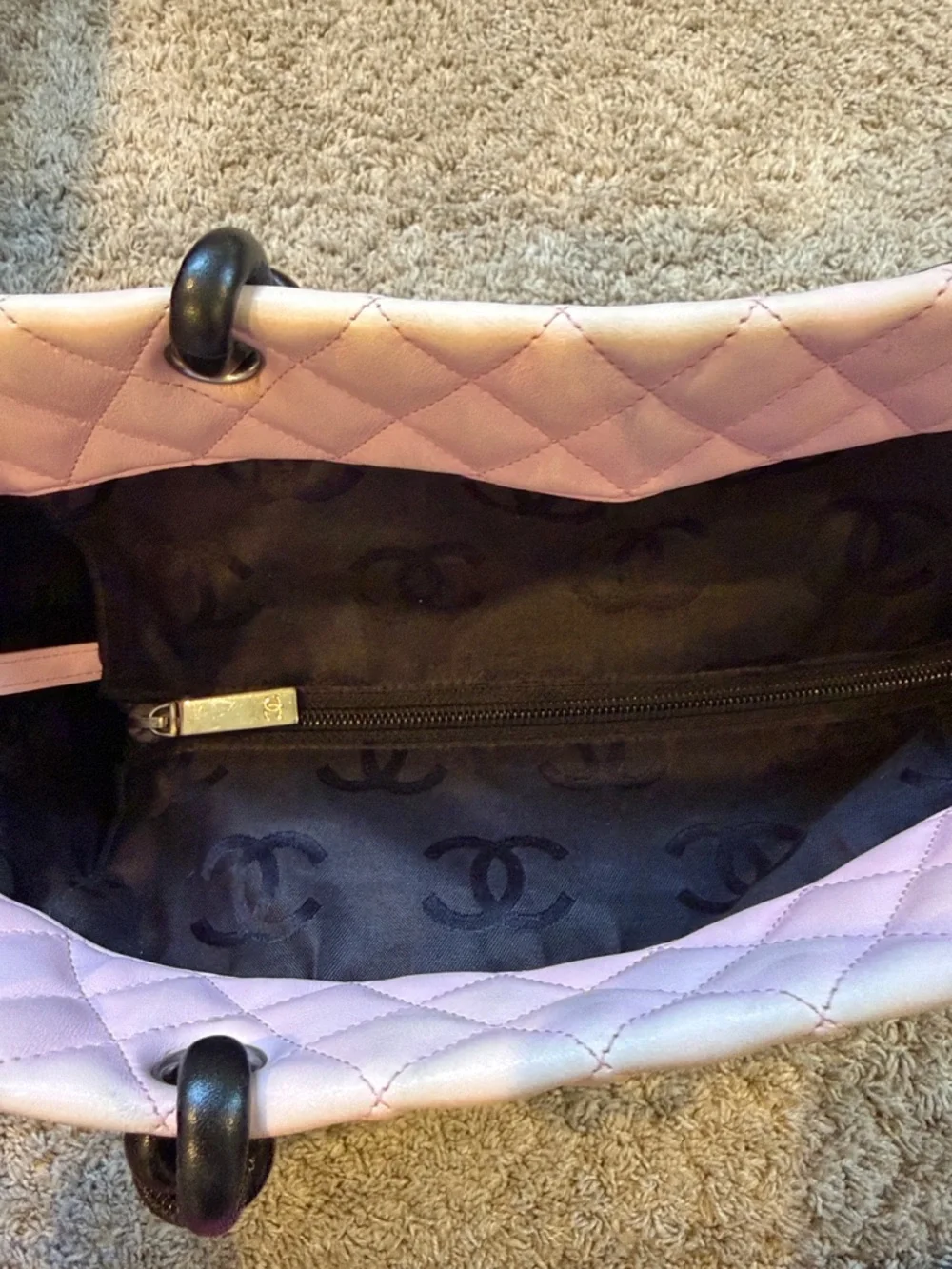 CHANEL Pink Quilted Tote with Black Trim and CC Logo